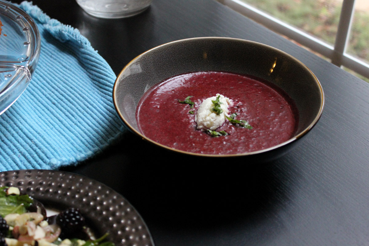 Chilled Blackberry Soup with Sweet Corn, Mozzerella and Ricotta