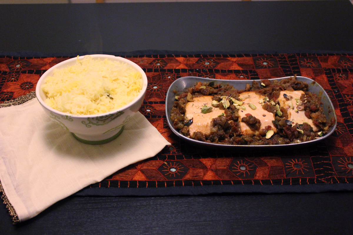 Salmon with Pomegranate and Sultana Sauce