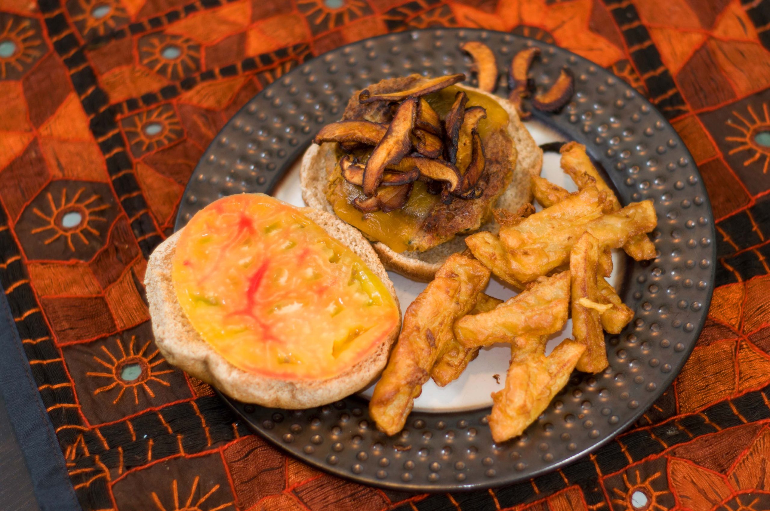 Vegetarian Shami Kebab Burgers with Shiitake Bacon & Pakora Fries
