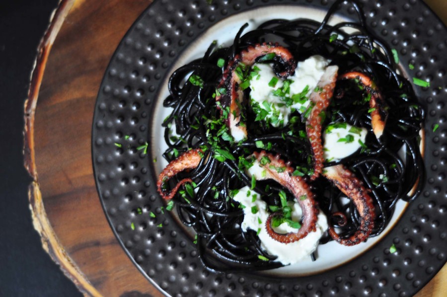 Creepy Pasta: Squid Ink Pasta with Octopus and Burrata