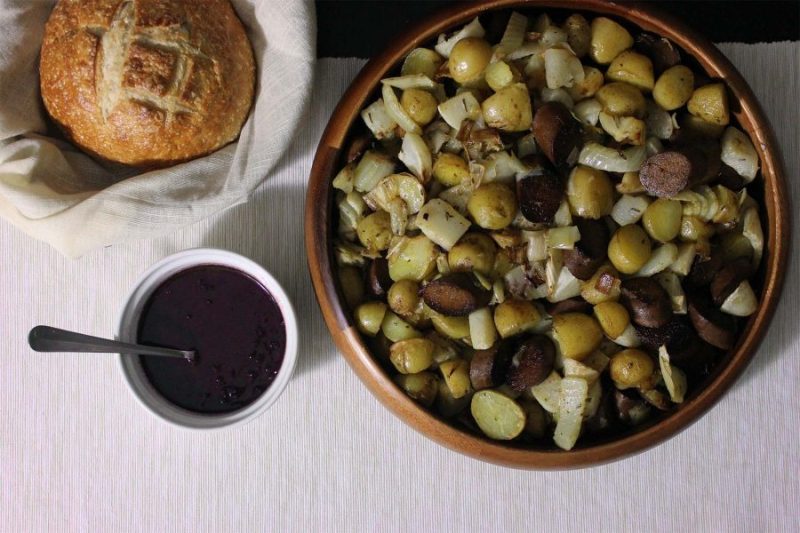 Snow White Roasted Vegetables and Sausage with Red Wine Reduction